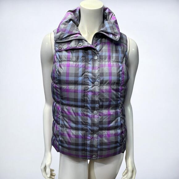 Old Navy Plaid Puffer Vest Grey Purple Quilted Button Front Size XS - Picture 1 of 12